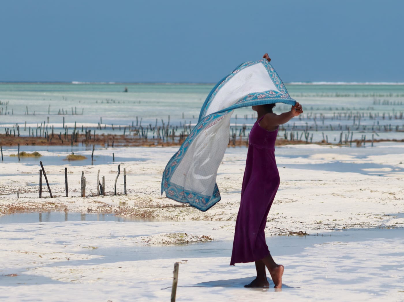 A woman walking on the beach at Paje, Zanzibar