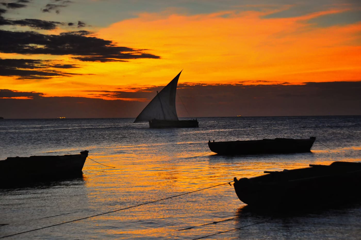 A dhow silhouetted against an orange Indian Ocean sunset